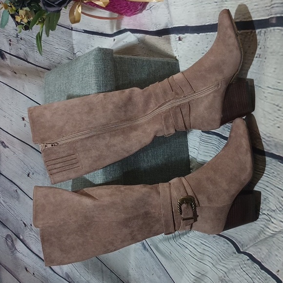 BellaVita Tall Harness Buckle Fashion BlockHeel Boots Taupe Suede - Picture 11 of 14